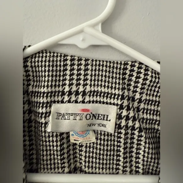 VTG Patty O’Neil Plaid Houndstooth Longline Coat Black White Pattern Size M 6 - Image 11