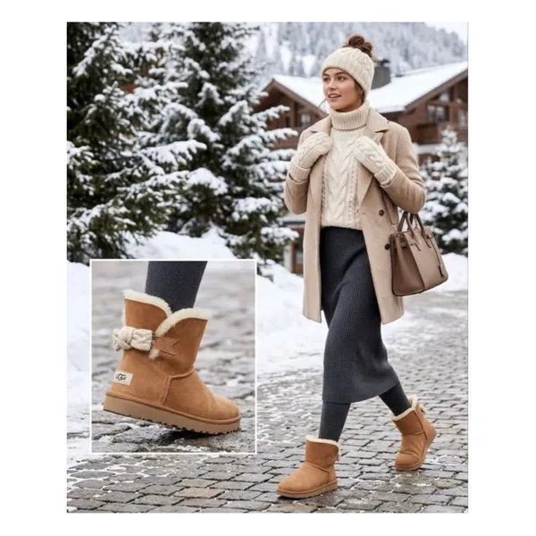 UGG Mini Bailey Knit Bow Boots in classic chestnut suede size 8 - Image 2