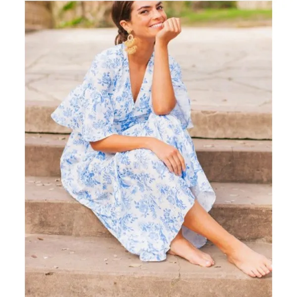 Tuckernuck Ginger Dress Medium Blue Floral Toile Maxi Coastal Grandmother Preppy - Image 2