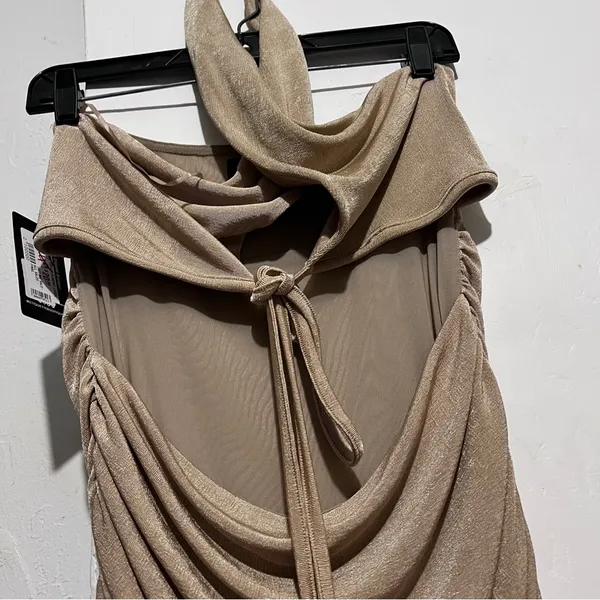 ETIQUETTE halter cross ruched mini dress size large New : Box LO3: - Image 3