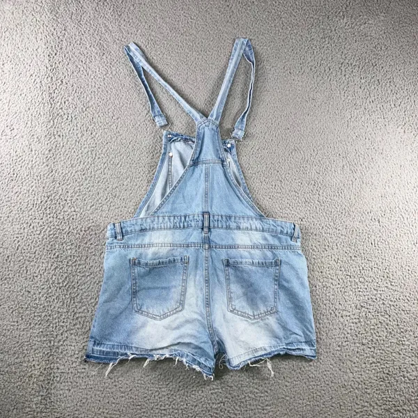 Denim Shorts Overalls Women M 10 Light Wash Distressed Raw Hem Shortalls Y2K 90s - Image 2