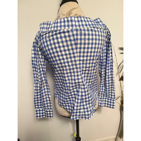 Reformation Blue White Gingham Off The Shoulder Button Down Shirt Womens Small‎ - Image 2