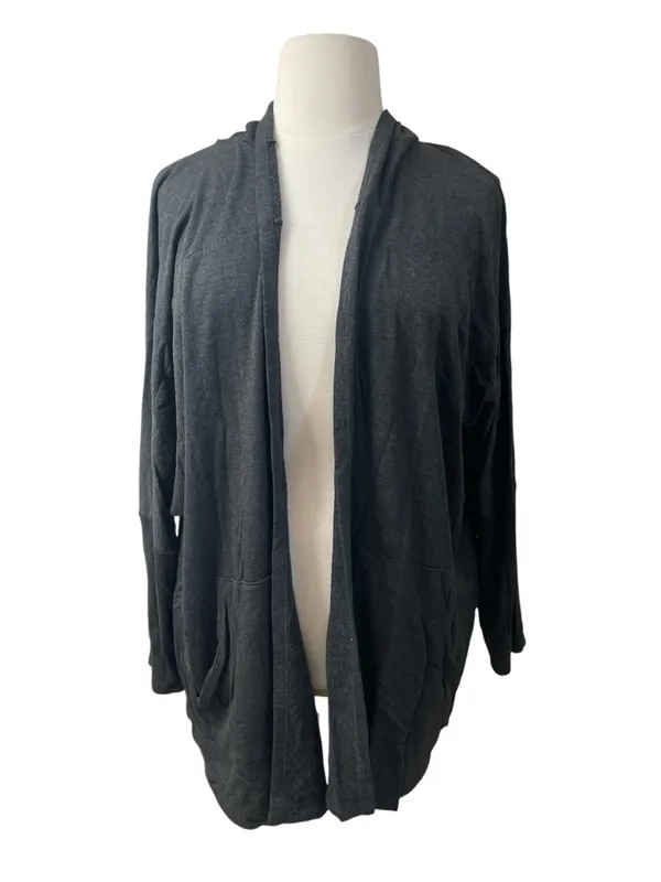 Cozy Soft Fleece Beyond Yoga Charcoal Gray Hooded Open Front Cardigan Jacket - Image 2