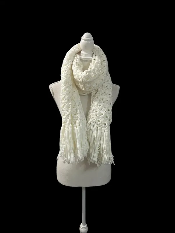 Handmade Vintage Hand Crochet Shawl Wrap Open Knit White Fringe - Image 4