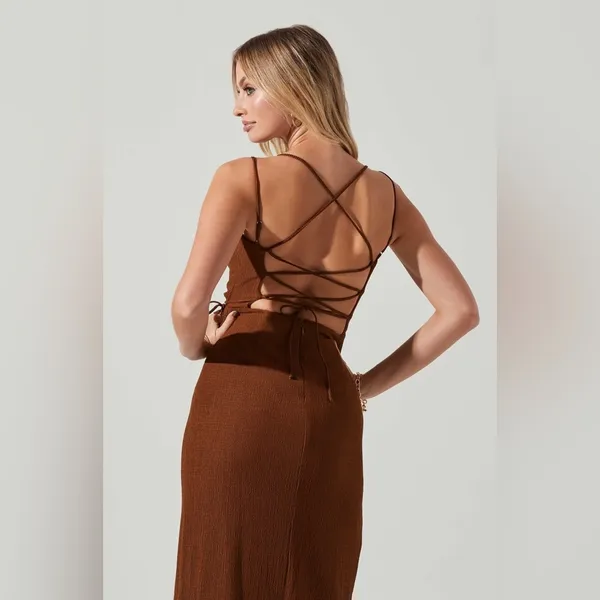 ASTR Brinda Boho Summer Vacation Faux Wrap Midi Dress in Brown One Size NWT - Image 12