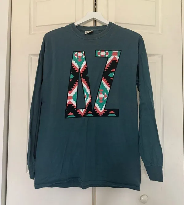 Comfort Colors Delta Zeta Teal Green Blue Aztec Print Block Letter Long Sleeve T-Shirt Medium - Image 2