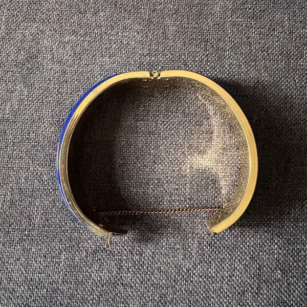 Blue & Gold Wide Bangle Fashion Bracelet Hinged Chain Closure - Costume Jewelry - Image 4
