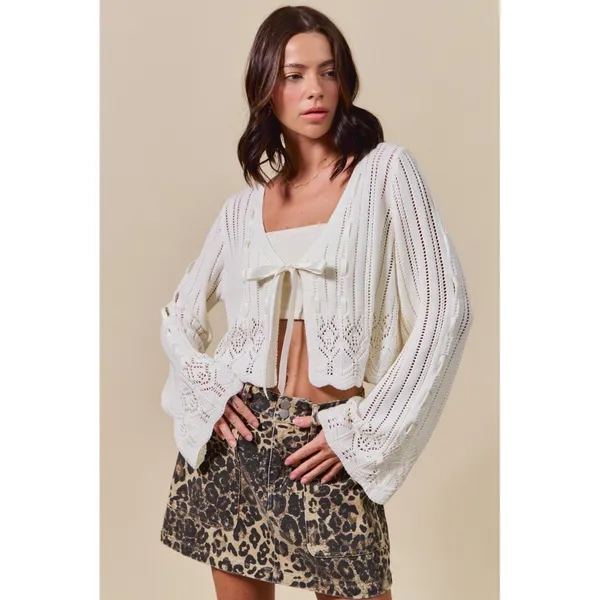 SO ME Textured Sweater Open Front Ribbon Tie Cardigan - Off White - XL‎ - Image 4
