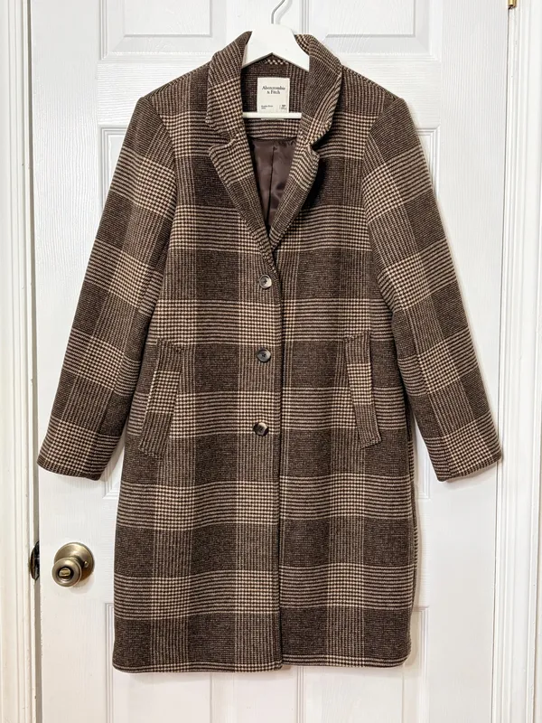 Abercrombie & Fitch Brown Plaid Long Coat Tailored Quiet Luxury Classic Preppy - Image 2