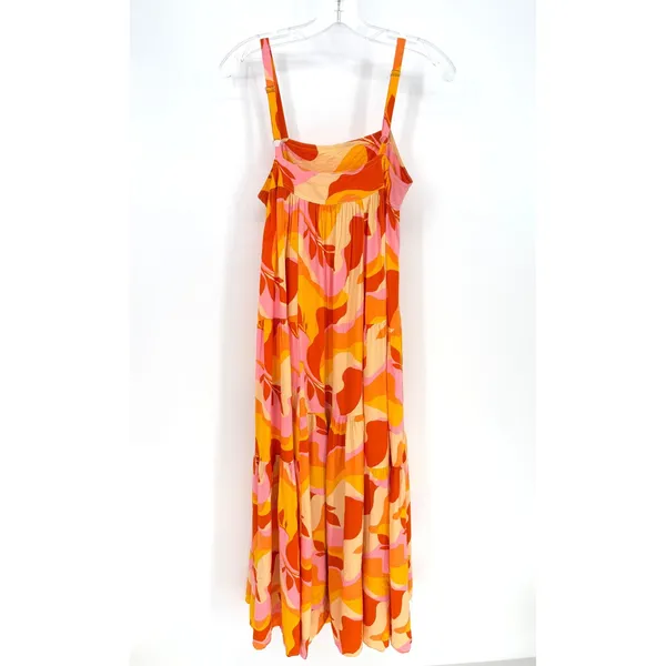 Abel The Label Maxi Dress Women XS Orange Pink Tiered Boho Floral Tropical Beach - Image 6