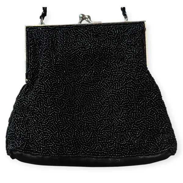 Y2K Style Black Beaded Floral Embroidered Kiss Lock Evening Bag Clutch Purse - Image 3