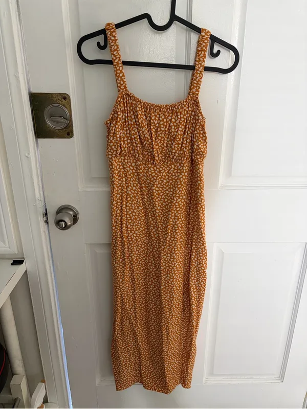 Abercrombie & Fitch Orange Patterned Ruched Top Midi Dress with Slit Small - Image 2