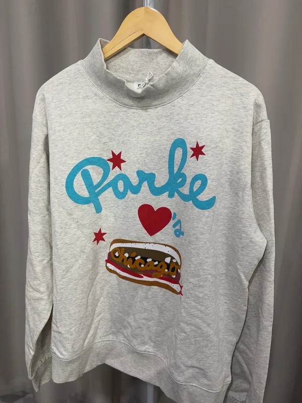 PARKE Heather Grey Mock Neck Sweatshirt Chicago Hot Dog Graphic Print L/XL - Image 4