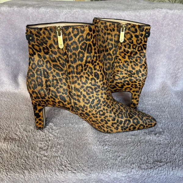 Sam Edelman Saige Leopard Cow Hair Ankle Boots Pointed Toe Block Heel 9.5M - Image 4