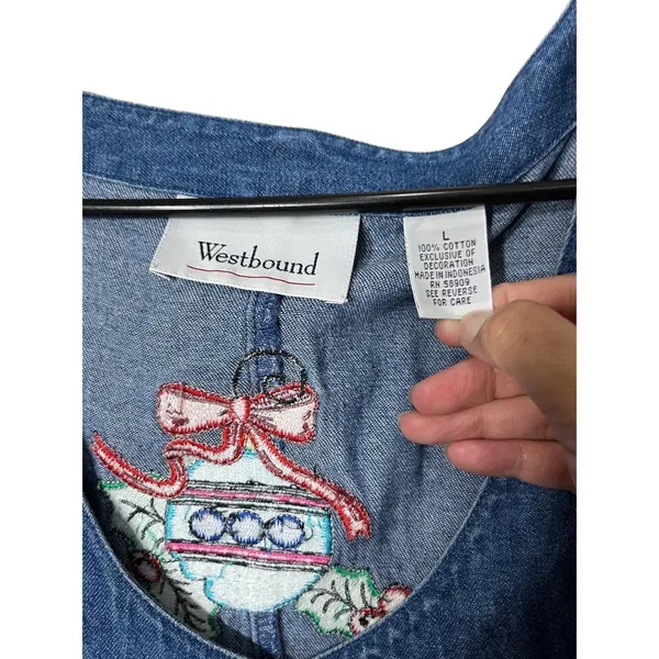 Westbound‎ Vintage Christmas Denim Maxi Dress Button Front Embroidered L - Image 6