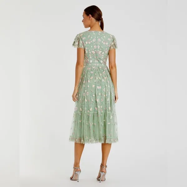 Mac Duggal 35104 Green Multicolor Embroidered V Neck Cap Sleeve Midi Dress - Image 5