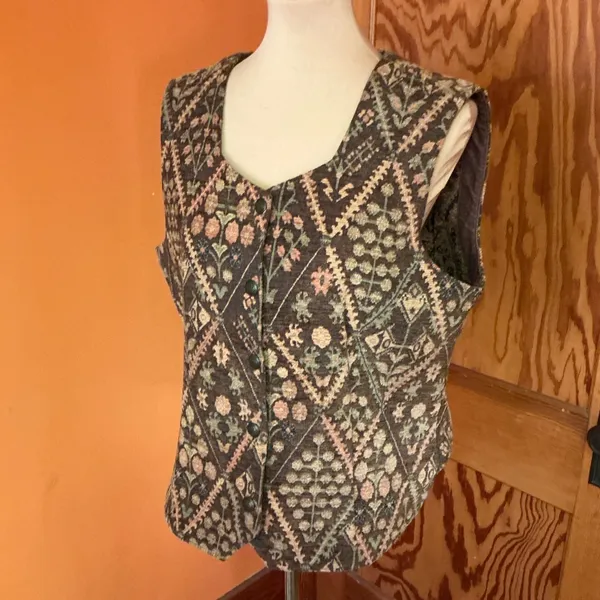 Vintage Tapestry Vest | Floral Geometric Button Front | Women’s Large - Image 11