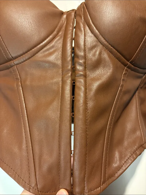 Windsor Dark Brown Faux Leather Crop Corset Tank Front Clasp Closure Size L - Image 4