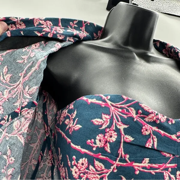 Free People Poolside Navy Blue & Pink Floral 3 Piece Set Sz‎ L - Image 7