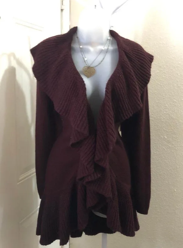 Whimsy gothic grunge cottagecore Burgundy red ruffled cardigan long sleeves ruffle hem hook eye closure-Size L - Image 3