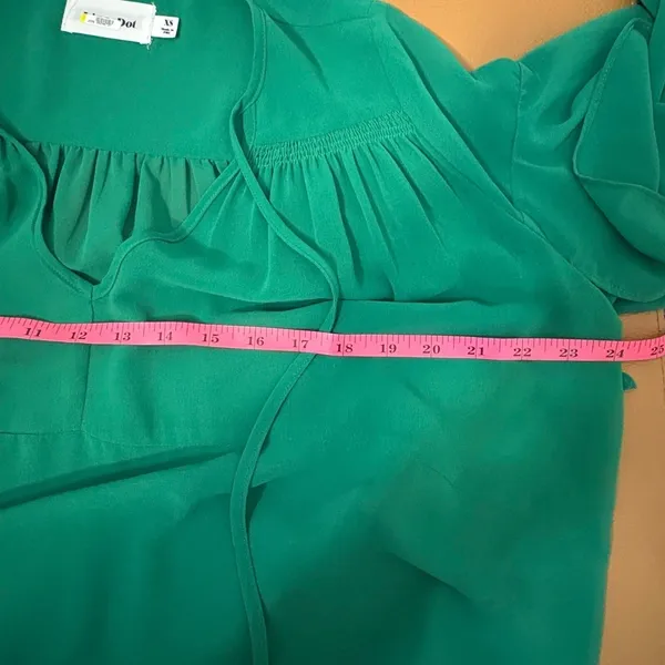 Line & Dot Green Blouse V-Neck Ruffle Sleeve Tassel‎ Tie Sheer XS - Image 4