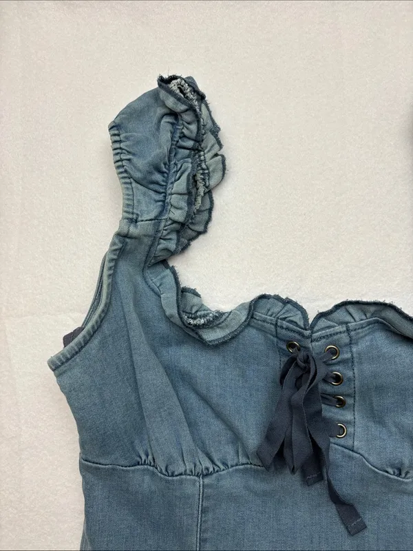 urban outfitters size medium blue Denim Ruffle Strap Dress western cowgirl - Image 3