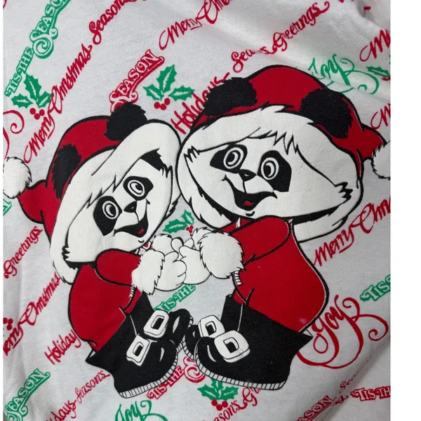 Vintage Christmas Panda Graphic Sweatshirt White Red Green Holiday Pullover L - Image 2