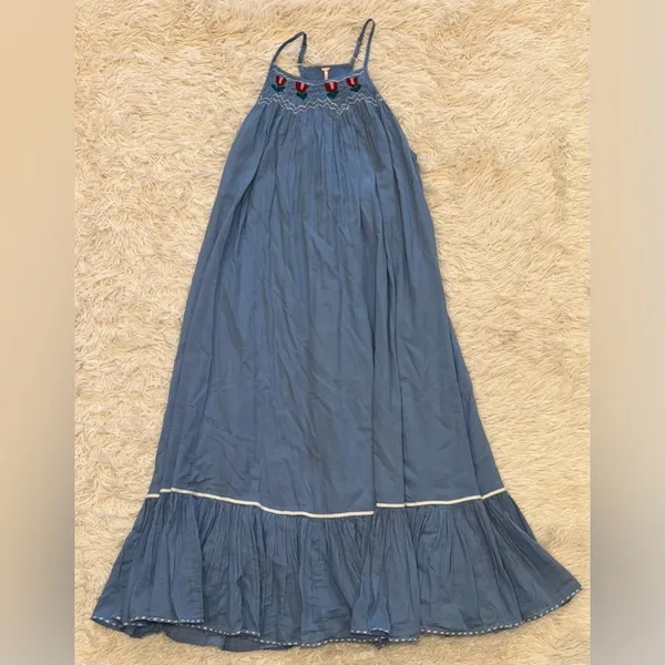 NEW Free People Tip Toeing Tulip Embroidered Gauze maxi Blue Dress sz M - Image 4