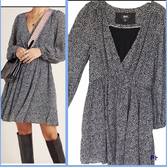Maeve Anthropologie Dress Women Black White Leopard Print‎ Mini V-Neck Excellent - Image 2