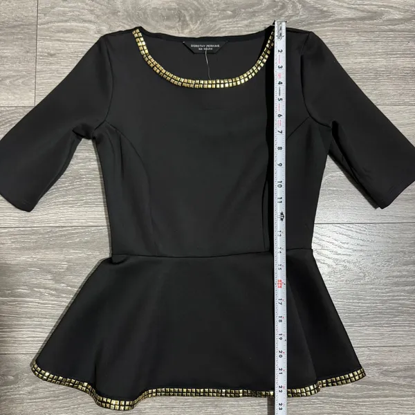 New Dorothy Perkins Black Peplum Top Gold‎ Studded Neckline Hem Women Size XS - Image 8