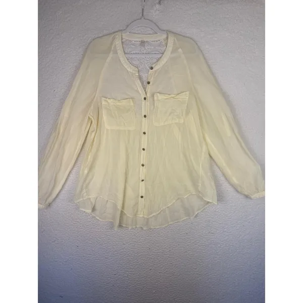 Free People Blouse Womens Small Yellow Sheer‎ Crochet Lace Boho Indie Cottage - Image 2