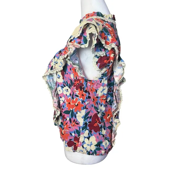 Karlie Floral Ruffle Top Large Multicolor Linen Blend Flutter Sleeve Lace Trim‎ - Image 3