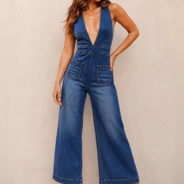Dollhouse Blue Denim Jumpsuit Wide Leg V-Neck Crisscross Back 9/10 - Image 2