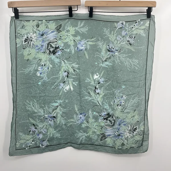 Silk Scarf Square Floral Silk Sheer Teal Blue Delicate Head Waist Tie Elegant - Image 8
