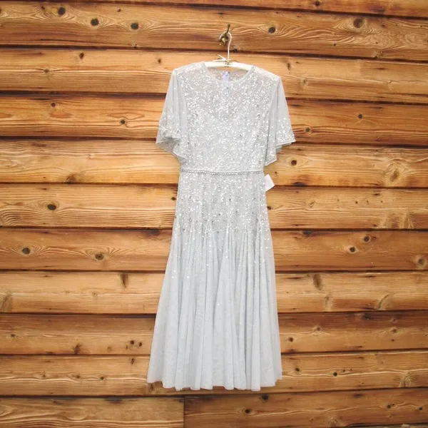 Mac Duggal Light Blue Size 6 Beaded Sequin Rhinestone High Neck MIDI Dress Gown - Image 5