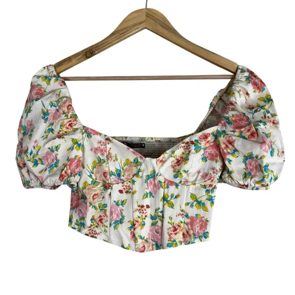 Zara Blouse Womens S White Floral Cropped Puff Sleeve Cottagecore Milkmaid - Image 2