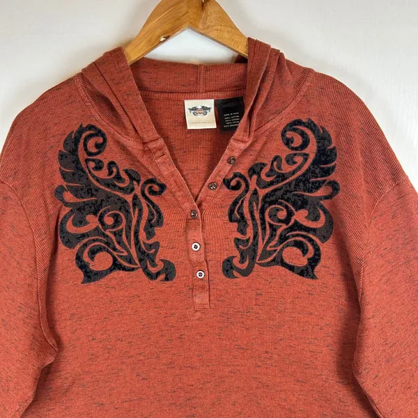 Harley-Davidson Womens 3W Rust Orange Space Dye Hooded Henley Flocked Top 2014 - Image 6