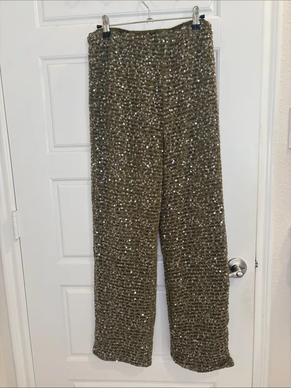 Olive Sequin Crochet Wide Leg Pants Boho Festival Resort Size M - Image 3