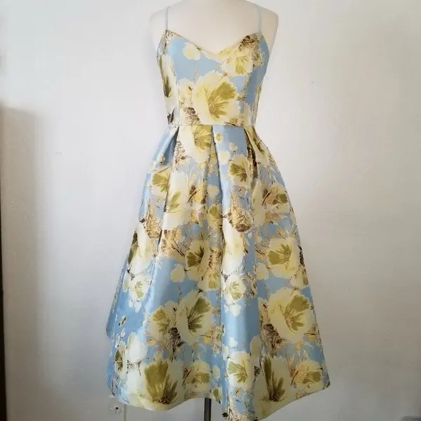 Eliza J Jacquard Brocade Floral Midi Flare Dress with Crisscross Straps - Image 5