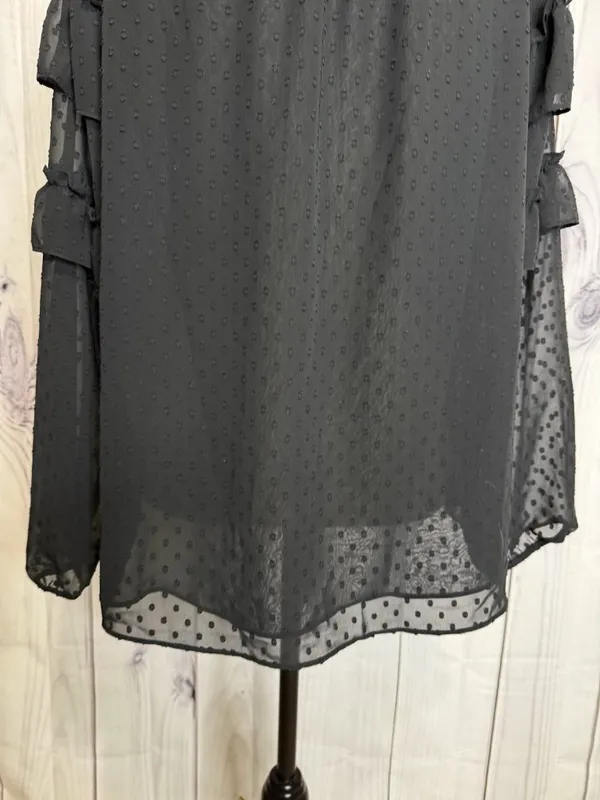 LOFT Black Ruffle Blouse Sz M Semi Sheer Long Sleeve Textured Polka Dots - Image 7