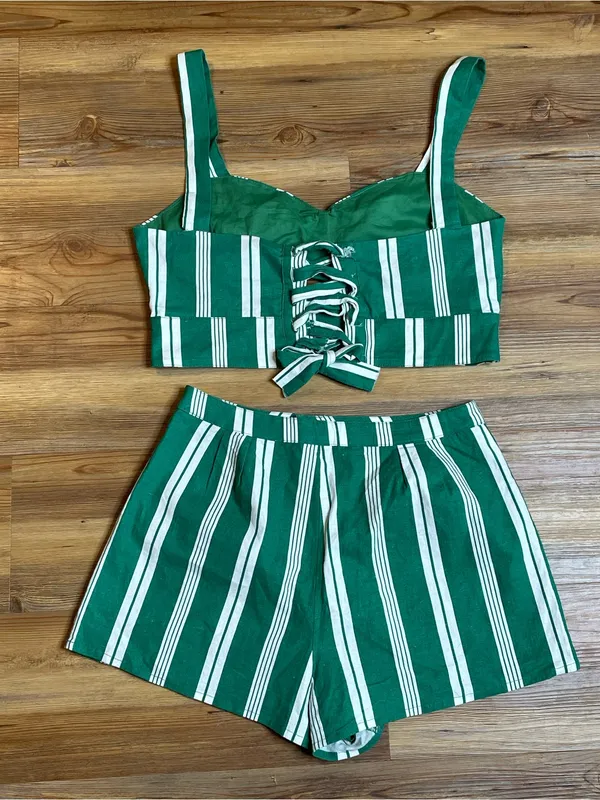Lovers + Friends Kelly Green Stripe Linen Blend Crop Top & Shorts Set Resort M - Image 3
