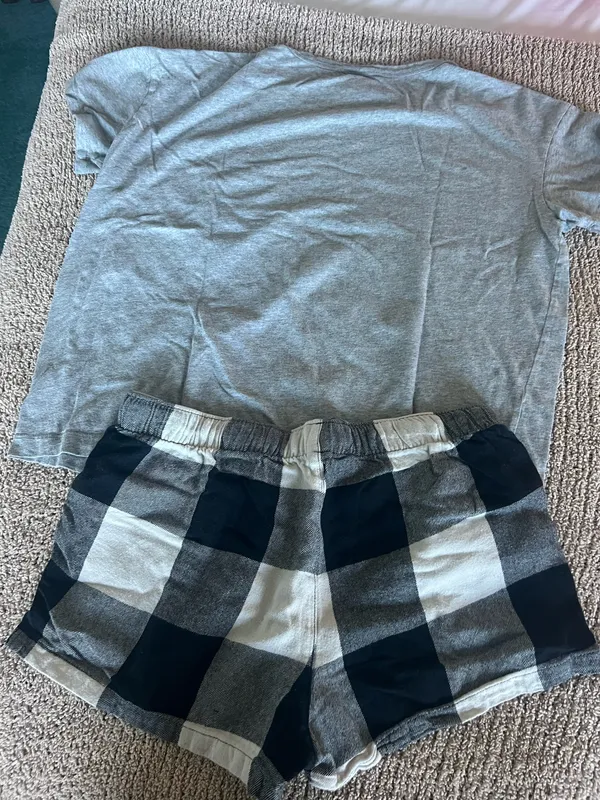 Old Navy Cozy set featuring a gray short sleeve tee with a small "LOVE" graphic. Includes black and white plaid drawstring lounge shorts. Soft, casual pieces perfect for lounging or sleepwear. - Image 5
