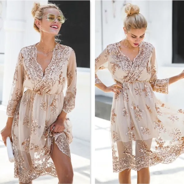 Rouge Women's M Beige Champagne V-Neck‎ Midi Dress with Rose Gold Sequins - Image 16