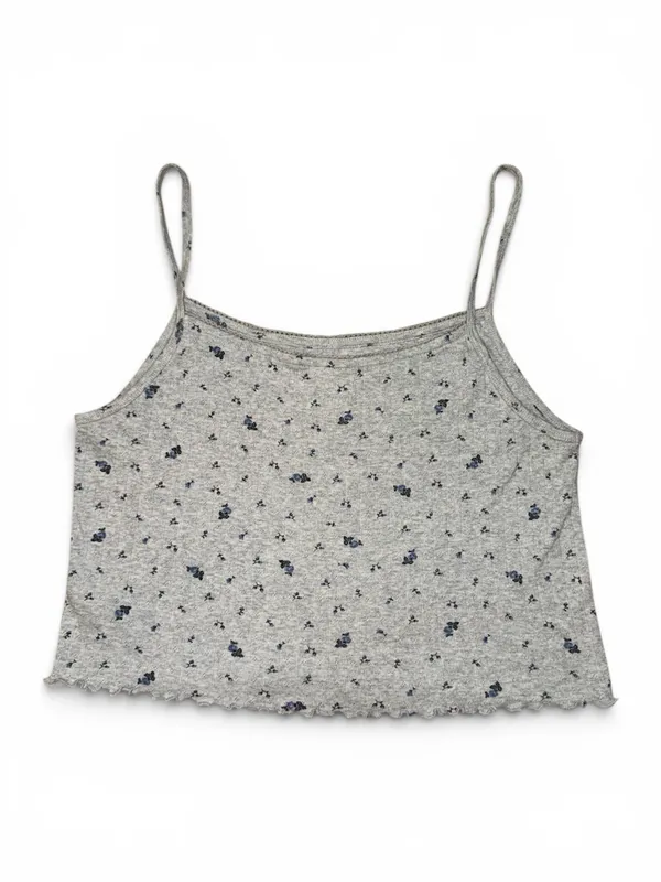 Aerie Pointelle Ribbed Floral Cami Tank Top Gray Blue Ditsy Print Lettuce Hem L - Image 2