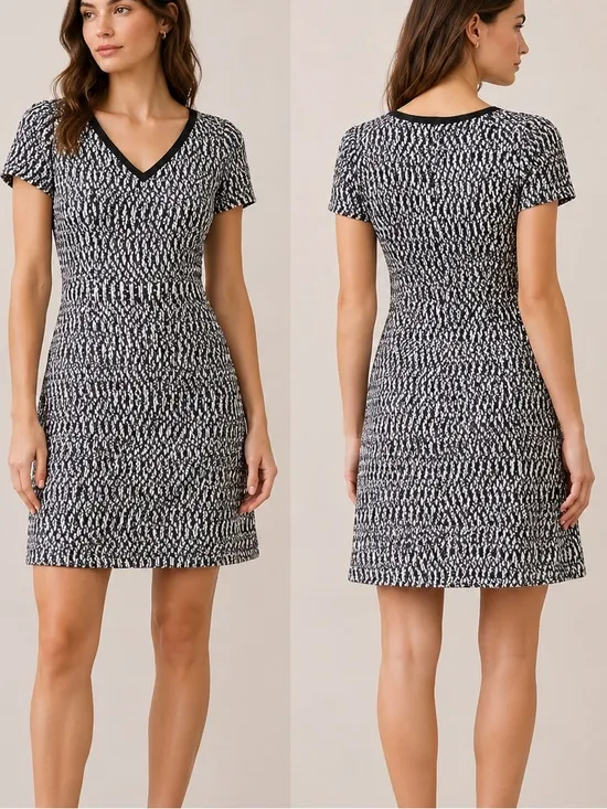 Tory Burch Marbled Tweed Preppy Academia V-Neck Mini Dress - Image 2