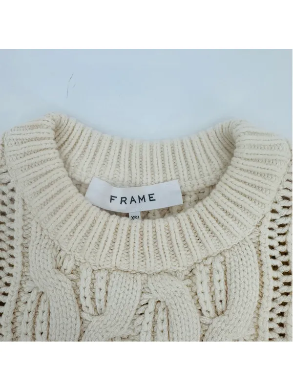 Frame Sofia Cable Knit Ruffle Sweater Beige XS - Image 5