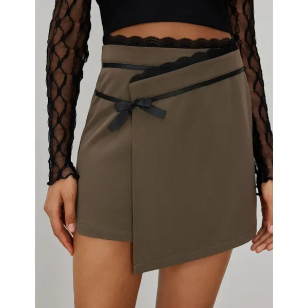 Cider Women's Tan Black Lace Bow Knot Mid Rise A Line Wrap Mini Skirt Size S - Image 3