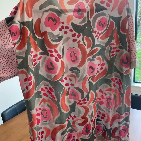 Abstract Painterly Floral Top Mixed Media Dotted Sleeve Maximalist XL Teacher - Image 6