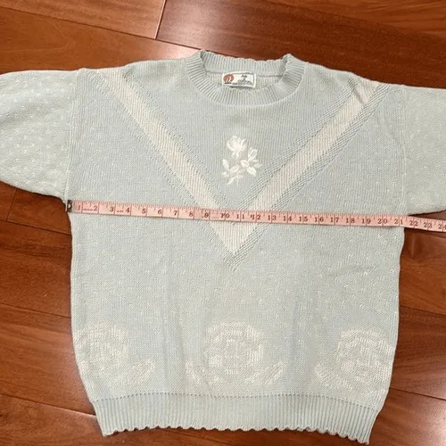 Isle of Cotton Knit Sweater Womens XL Mint Green Floral Embroidered Short Sleeve - Image 6