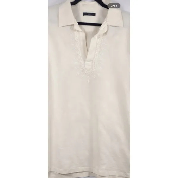 Banana Republic Cream Linen Blend Embroidered Split Neck Tunic Top‎ Womens L - Image 2